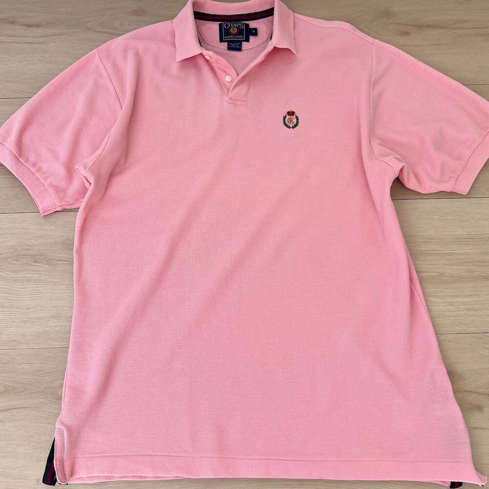 Vintage 90s Chaps Ralph Lauren 100% Cotton USA Made Pink Polo Shirt Size Medium - Picture 2 of 15